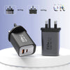 A black universal 150W dual port fast wall charger with UK plugs shown on a white surface.