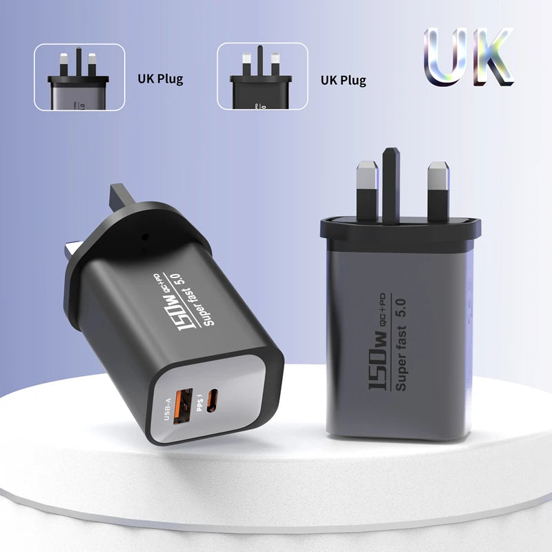 A black universal 150W dual port fast wall charger with UK plugs shown on a white surface.