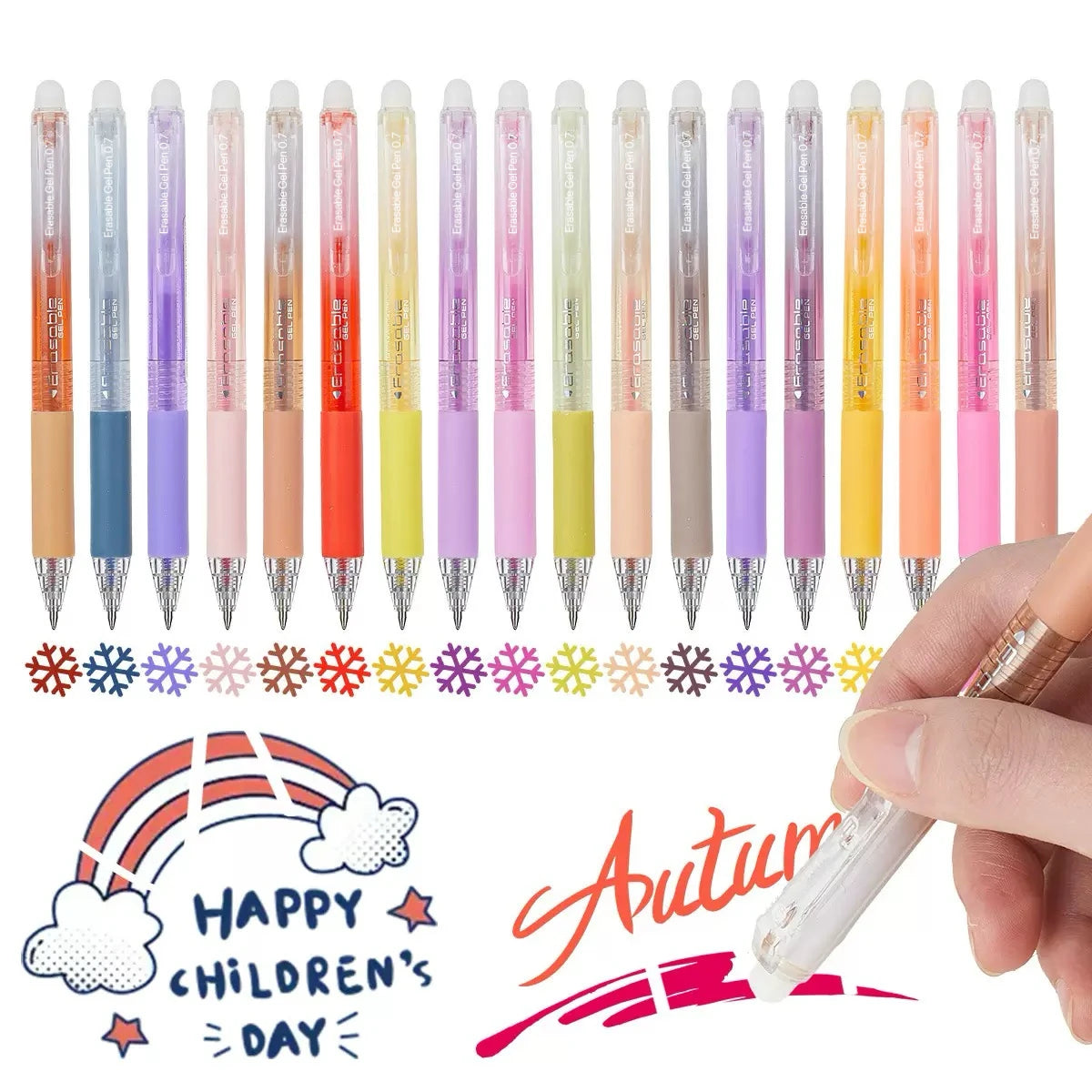 A row of assorted colored retractable erasable gel pens is displayed with a rainbow and Happy Children's Day graphic.