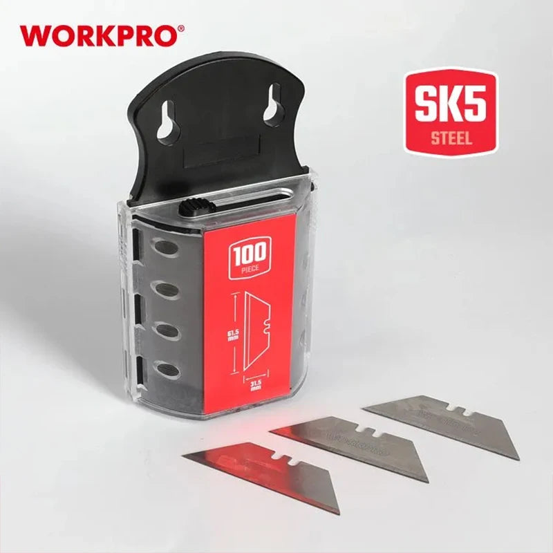 Une boîte de 100 lames utilitaires de couteau en acier SK5 et plusieurs lames détachées sur fond blanc.