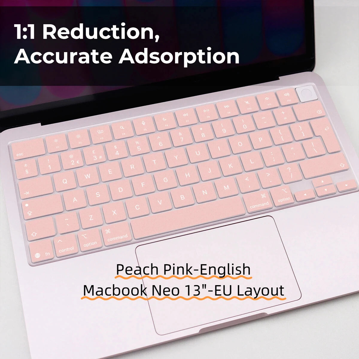 Peach Pink-English Macbook Neo 13-EU Layout keyboard cover for a laptop.