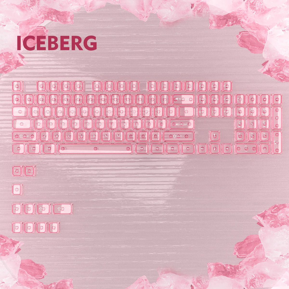 A close-up of pink and white RGB keycaps for a mechanical keyboard displayed against a light pink background.