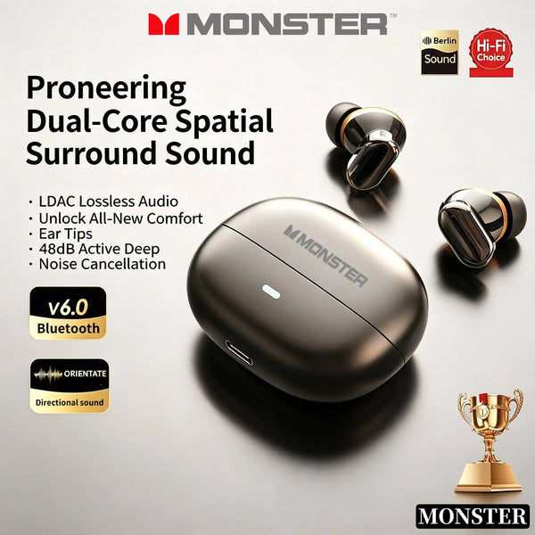 A black Monster dual-core spatial surround sound headphone and ear tips displayed on a dark surface.