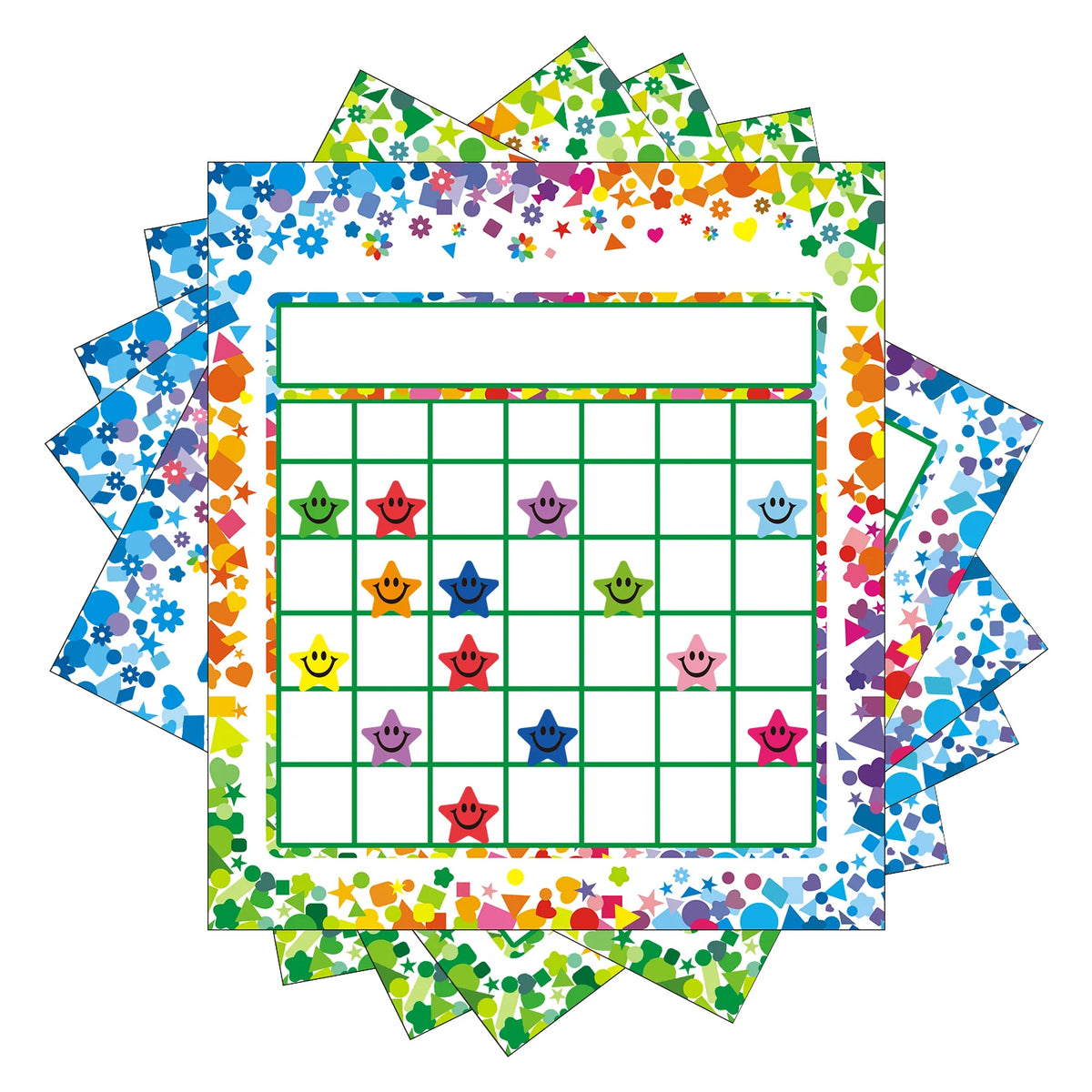 Colorful incentive reward chart for kids behavior tracking with a grid and star shapes