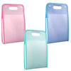 Three accordion file organizers in pink, purple, and mint green with clear pockets.