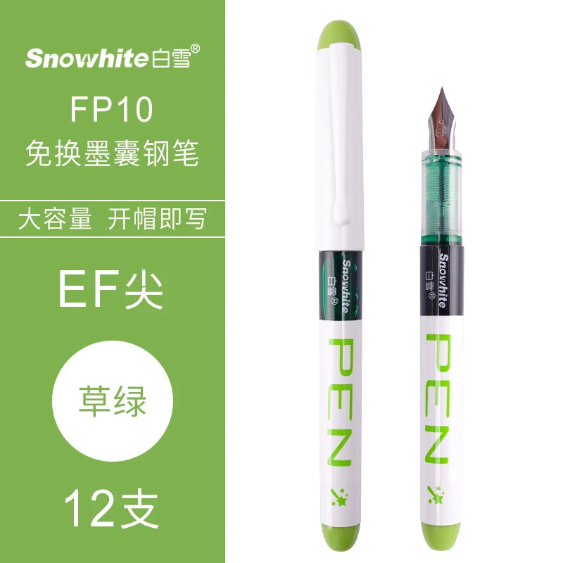 A set of ten Snowwhite FP10 fine point fountain pens with green accents and silver tips.