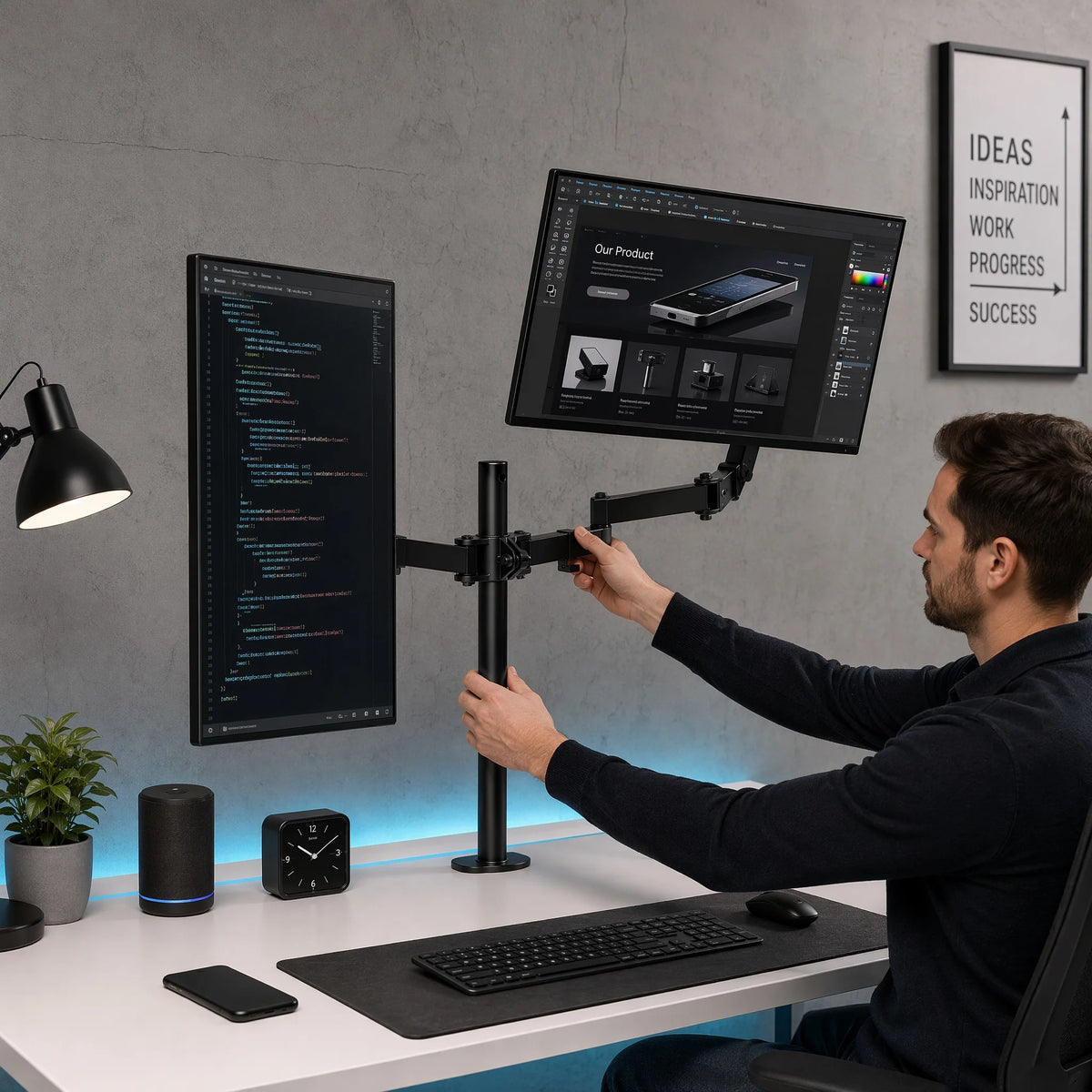 A man is adjusting a heavy duty dual monitor desk mount system with two computer monitors and a screen displaying ideas.