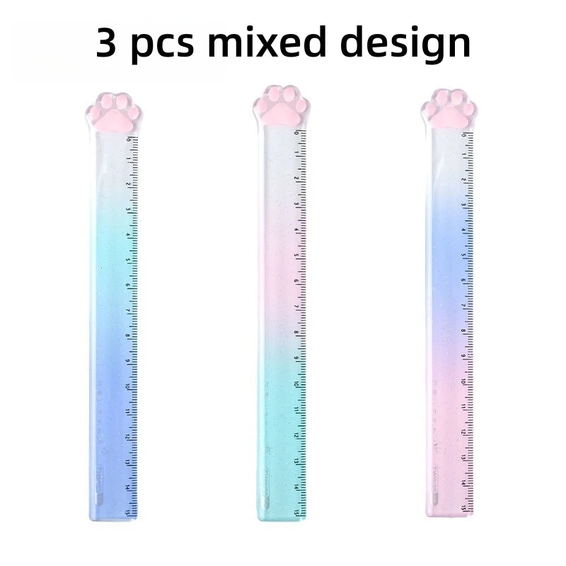 Three mixed design cute cat paw straight rulers showing a gradient measurement tool.