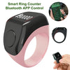 A pink smart ring counter with a black face, shown next to its packaging and on a hand.
