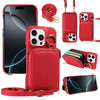 A red PU leather phone case featuring a wallet and card slots, shown with various accessories.