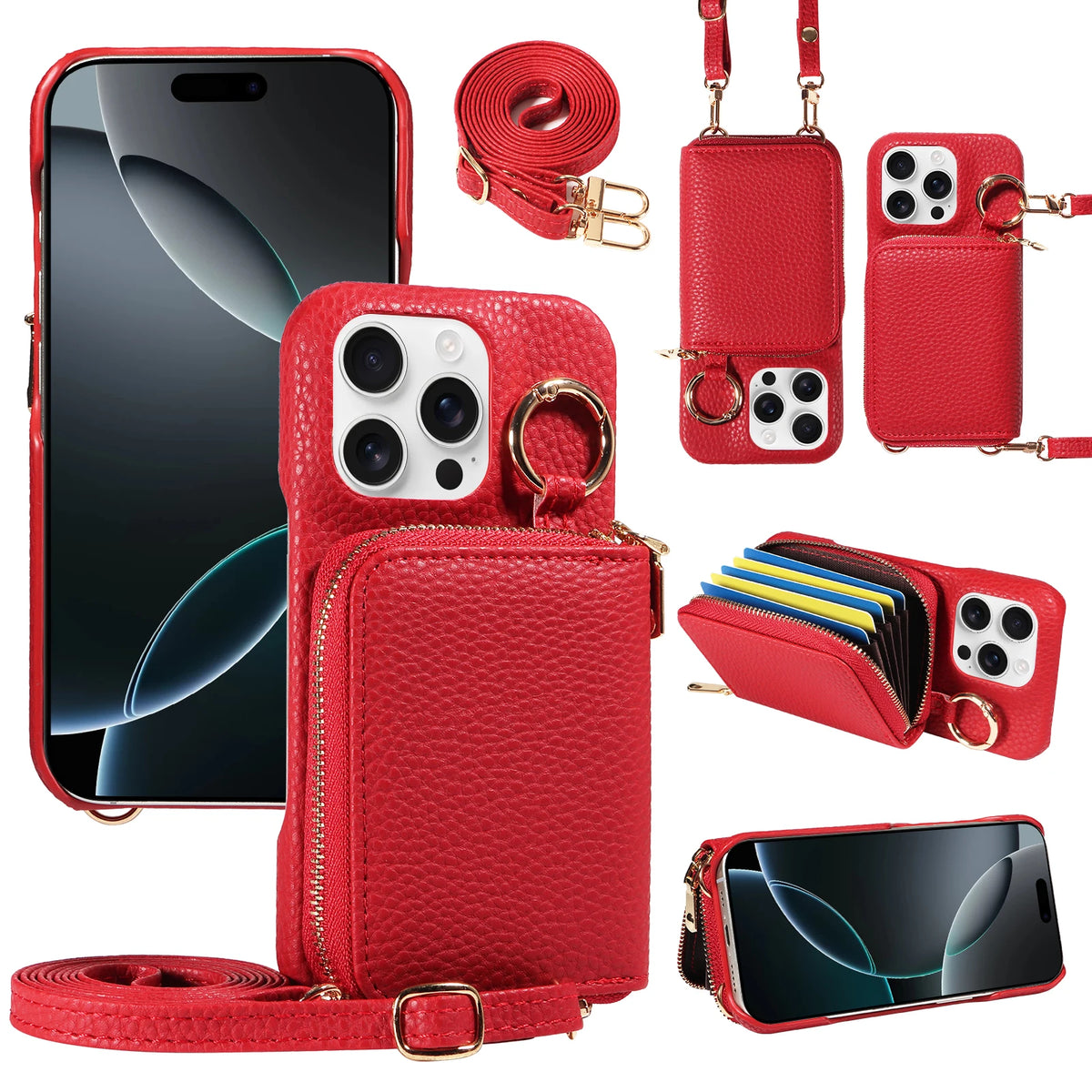 A red PU leather phone case featuring a wallet and card slots, shown with various accessories.