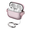 A pink silicone lock case for AirPods with a hinged lid and a metal keyring.