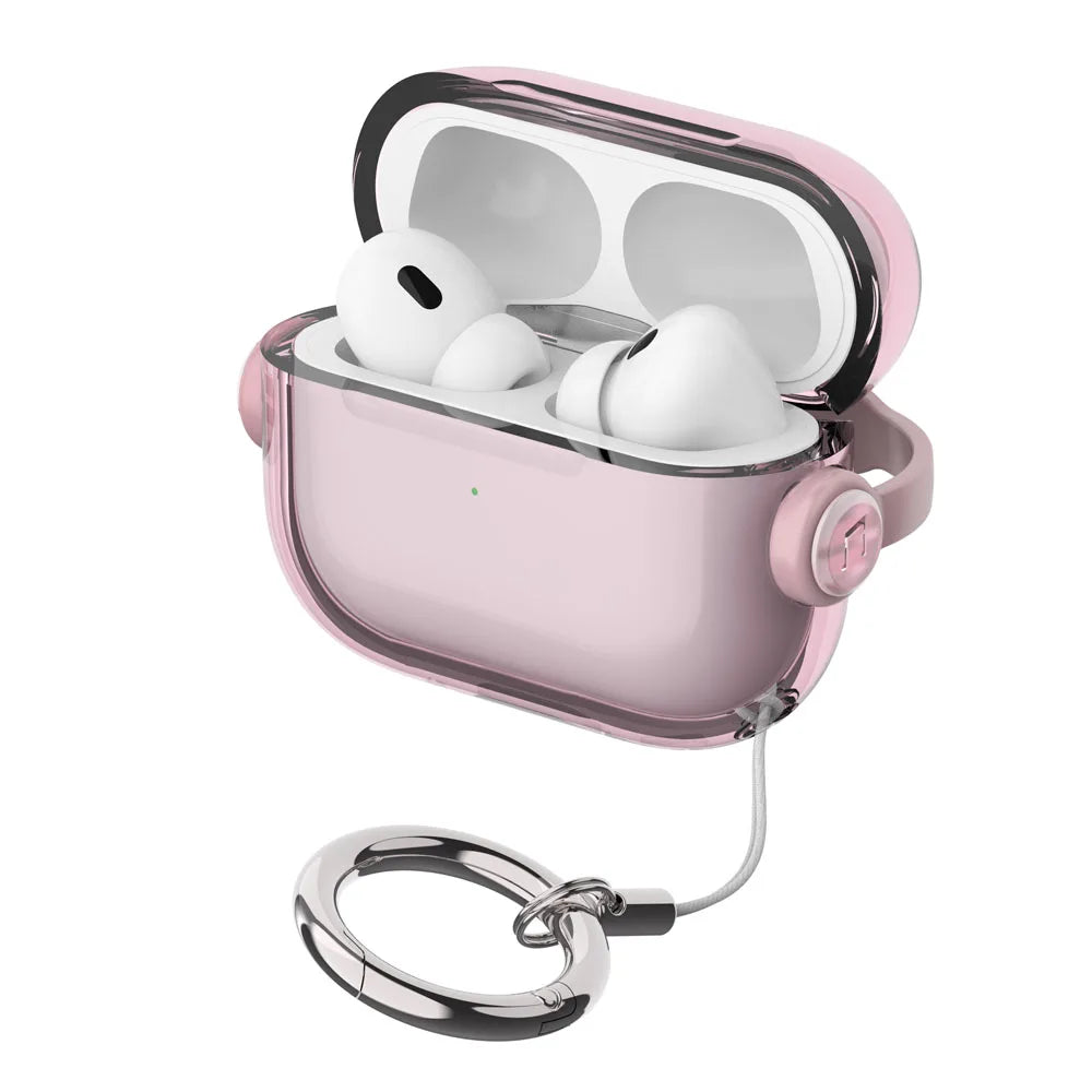 A pink silicone lock case for AirPods with a hinged lid and a metal keyring.