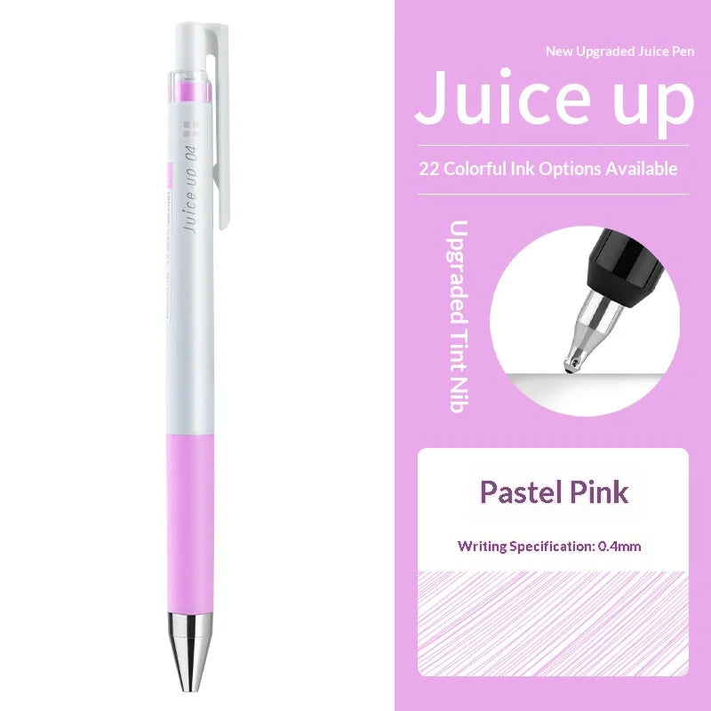 A pink Pilot Juice Up fine point gel pen with a silver body and a purple accent, shown next to ink options.