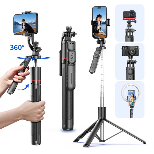 A black extendable selfie stick tripod with a smartphone mount and Bluetooth remote, shown in various configurations.