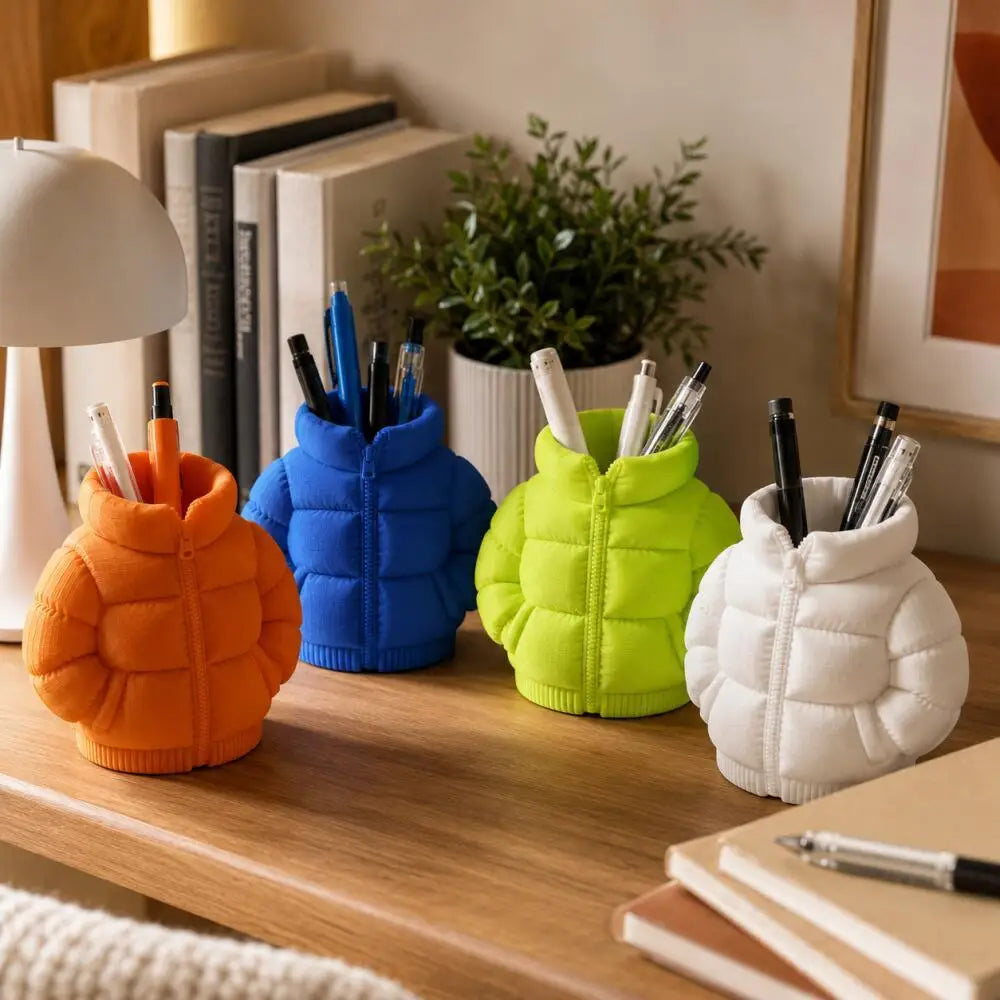 Three puffy fabric pen holders in orange, blue, and lime green sitting on a wooden desk.