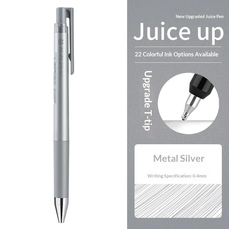 A silver Pilot Juice Up fine point gel pen with a metal silver body and 0.4mm writing specification.