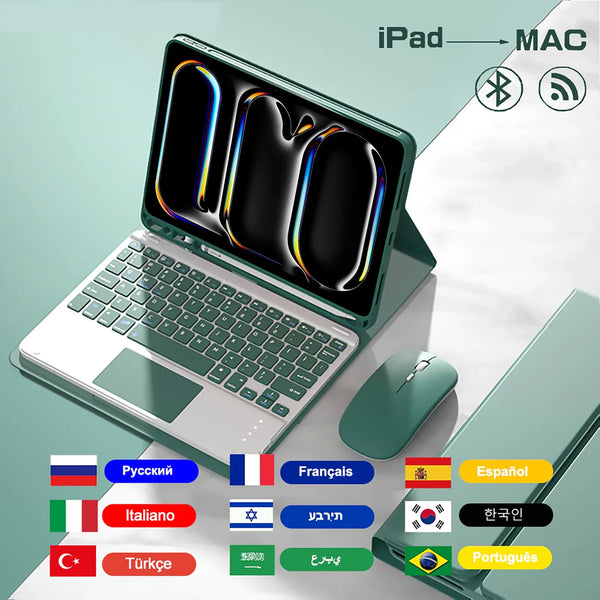 A green leather magnetic keyboard case for an iPad Pro is shown with various language options.