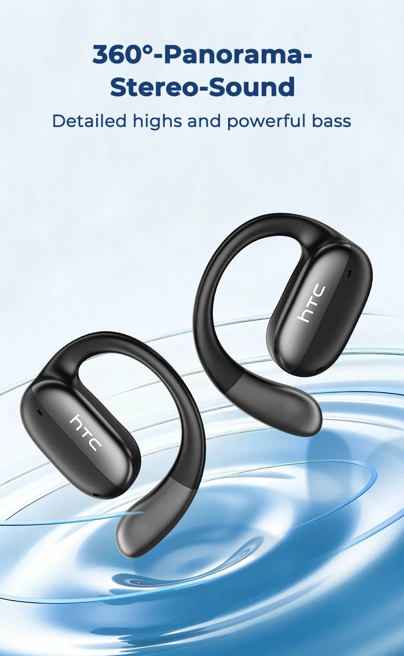 A pair of black True Wireless Bluetooth earphones floating above a blue liquid surface.