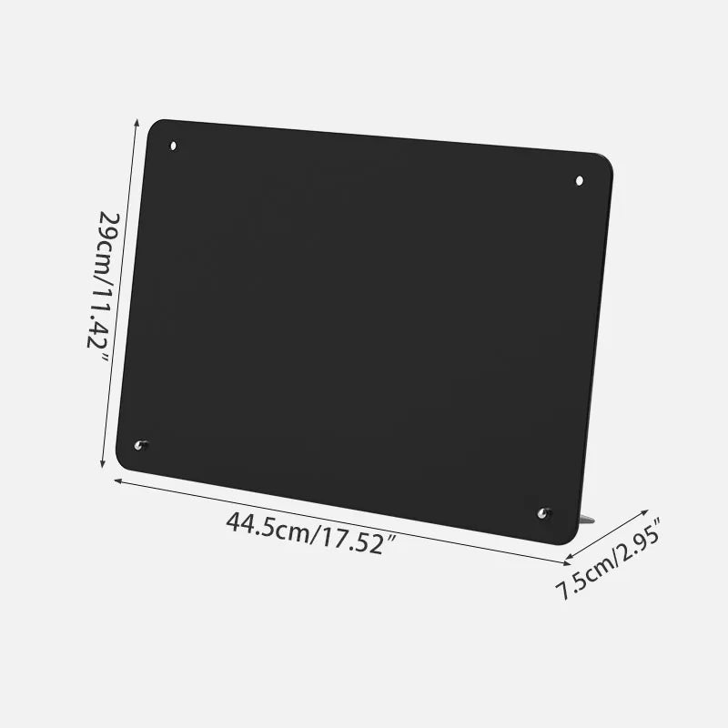 A rectangular black magnetic planning board with a reusable writing surface, shown from the side.
