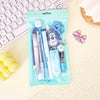 A light blue pouch contains a 6-in-1 cartoon school stationery kit including pens, pencils, and a blue eraser.