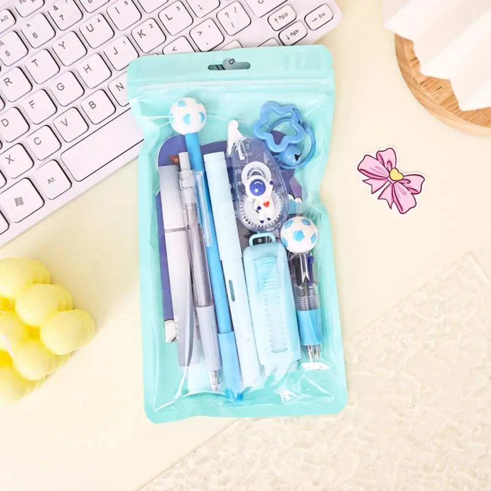 A light blue pouch contains a 6-in-1 cartoon school stationery kit including pens, pencils, and a blue eraser.
