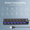 A black 7-port USB hub splitter with a connector cable shown below it.