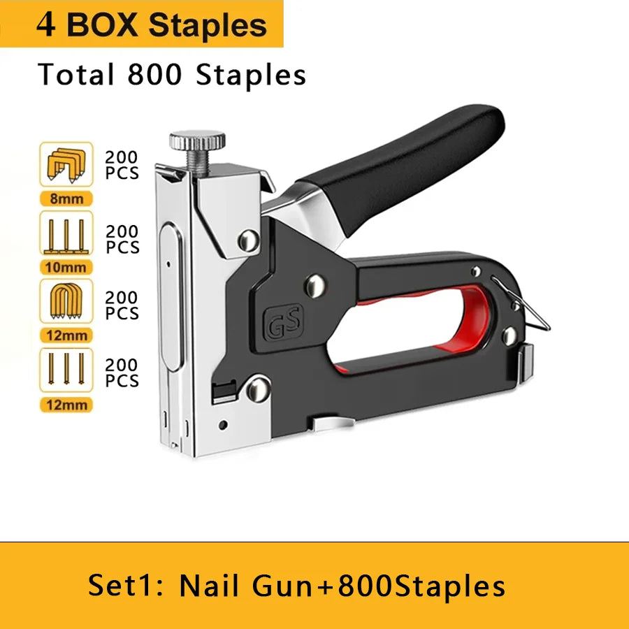 A set of a nail gun and 800 box staples for construction and DIY projects.