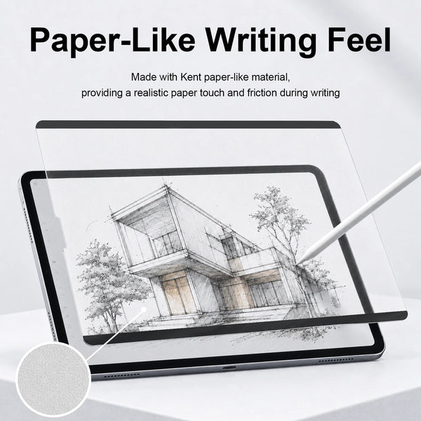 A close-up of an Apple iPad displaying a drawing, demonstrating the paper-like writing feel.