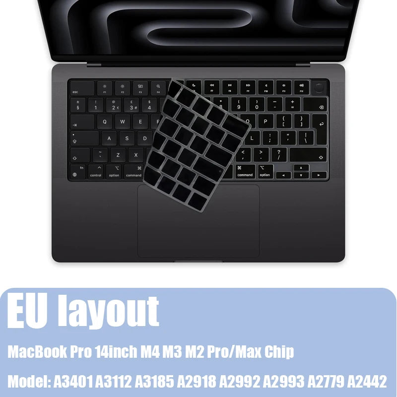 Open laptop showing a keyboard with an EU layout and silicone keyboard cover