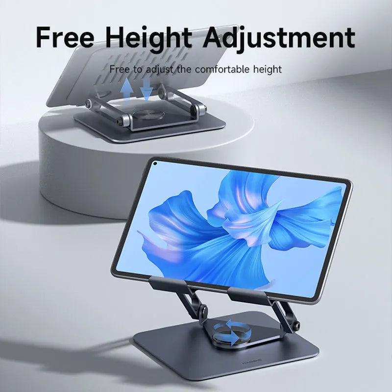 A blue tablet is displayed on a black stand with an adjustable height feature.