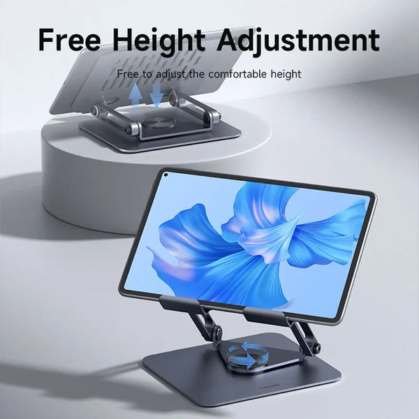 A blue tablet is displayed on a black stand with an adjustable height feature.
