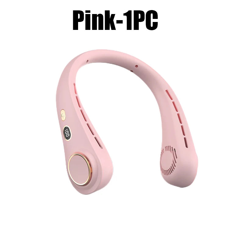 Pink 1PC hands-free neck fan with LED display shown from the side.