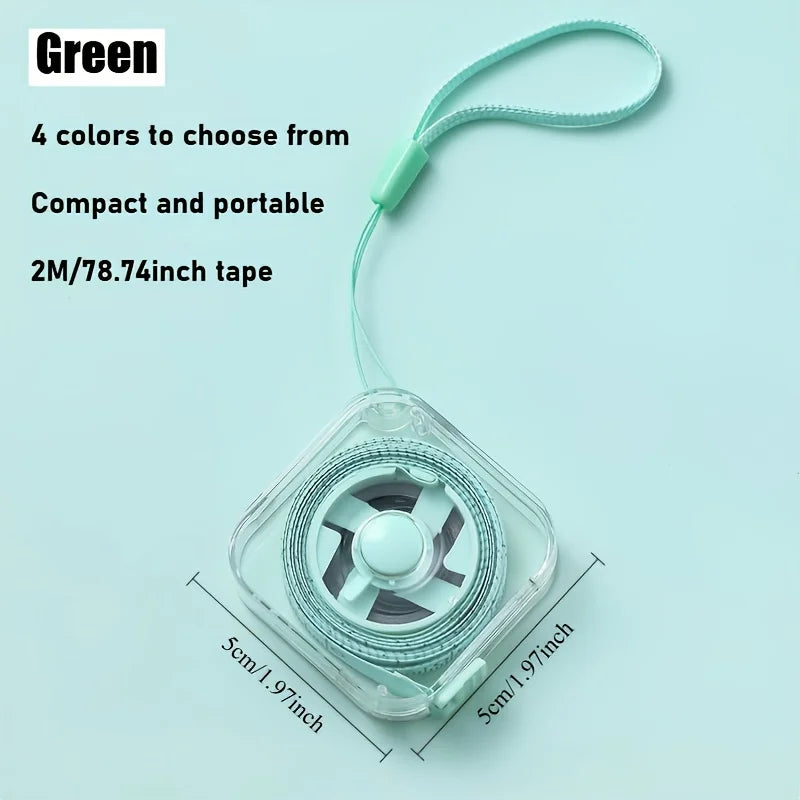 A green compact and portable retractable measuring tape with a flexible cord and a transparent casing.