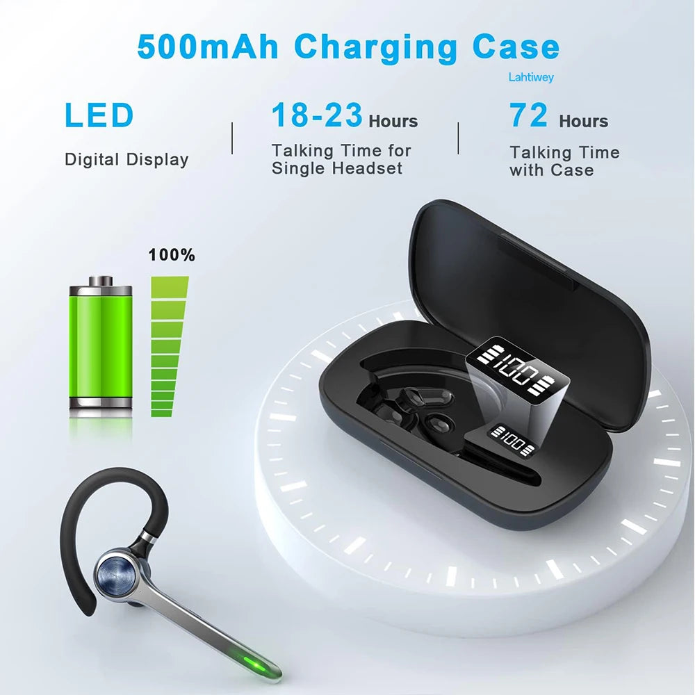 A black charging case for Bluetooth earbuds with a digital display and LED light, shown next to the earbuds.