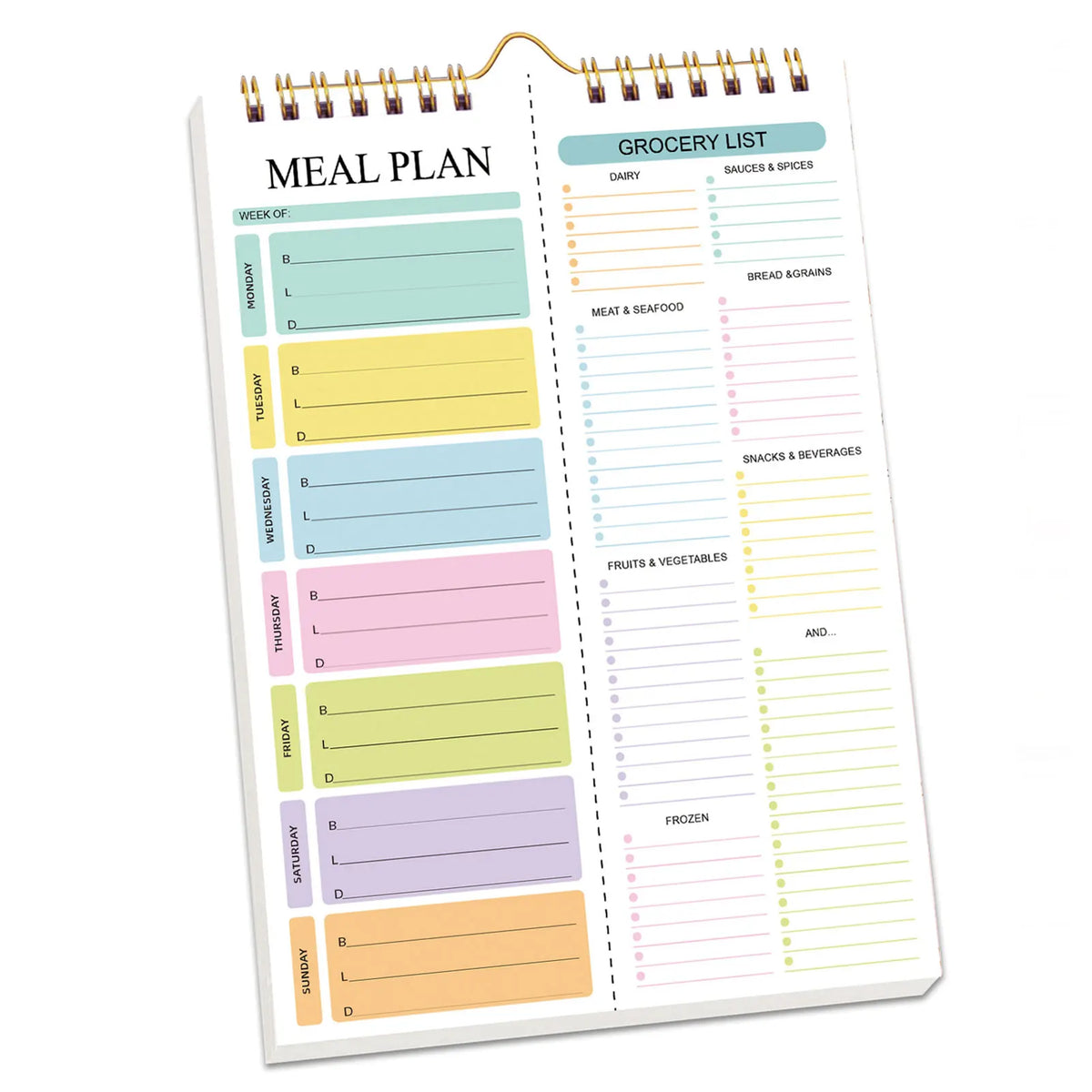 A weekly meal plan and grocery list pad with sections for daily meals, groceries, and ingredients.