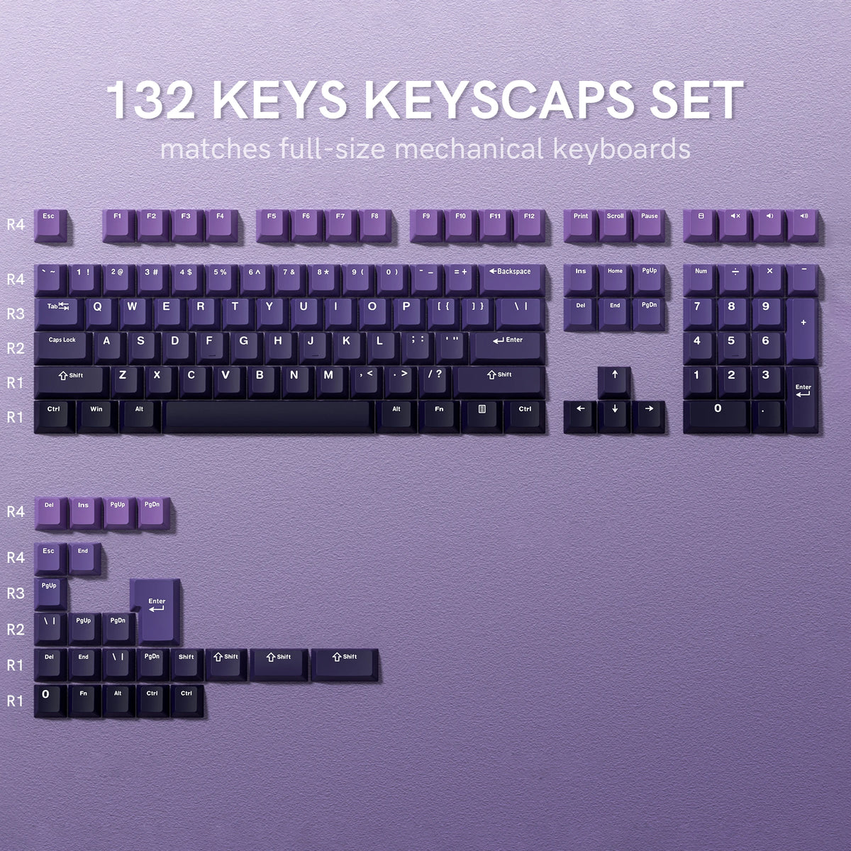 A set of 132 keyscapes in various colors and profiles for full-size mechanical keyboards