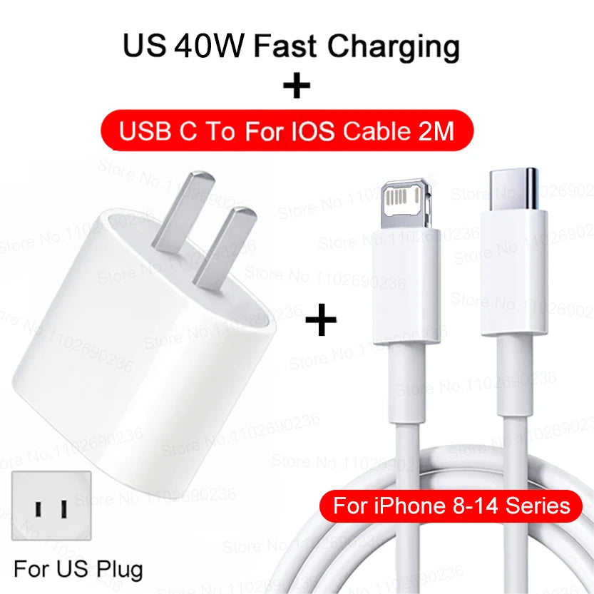White US 40W fast charging cable with USB C to iOS cable for iPhone 8-14 series