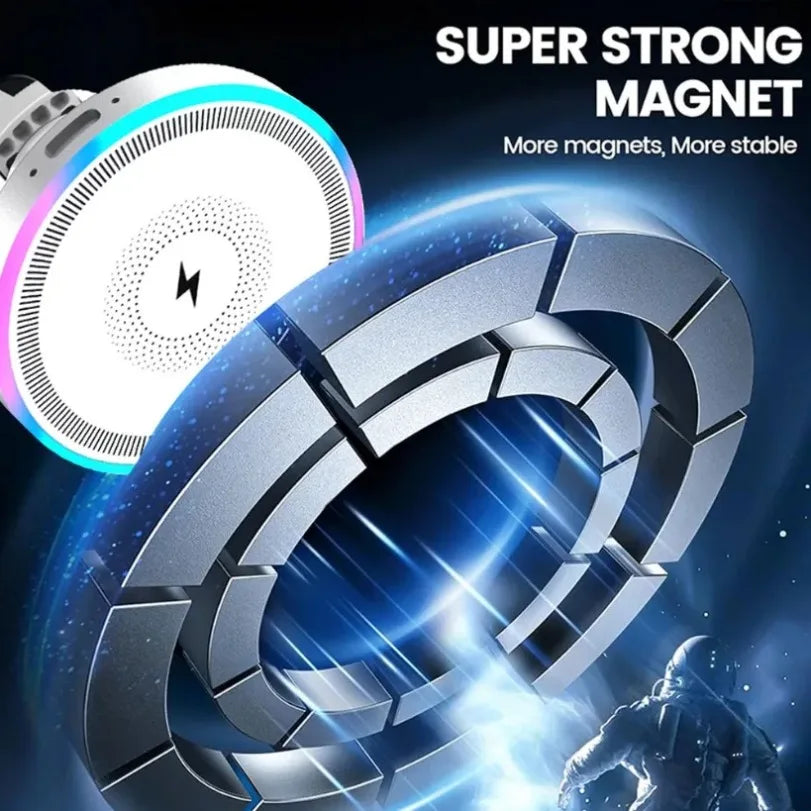 A super strong magnet product featuring a silver magnetic ring and an RGB ambient light component.