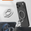 A black smartphone is shown alongside various aluminum alloy magnetic phone holders and a metal case component.
