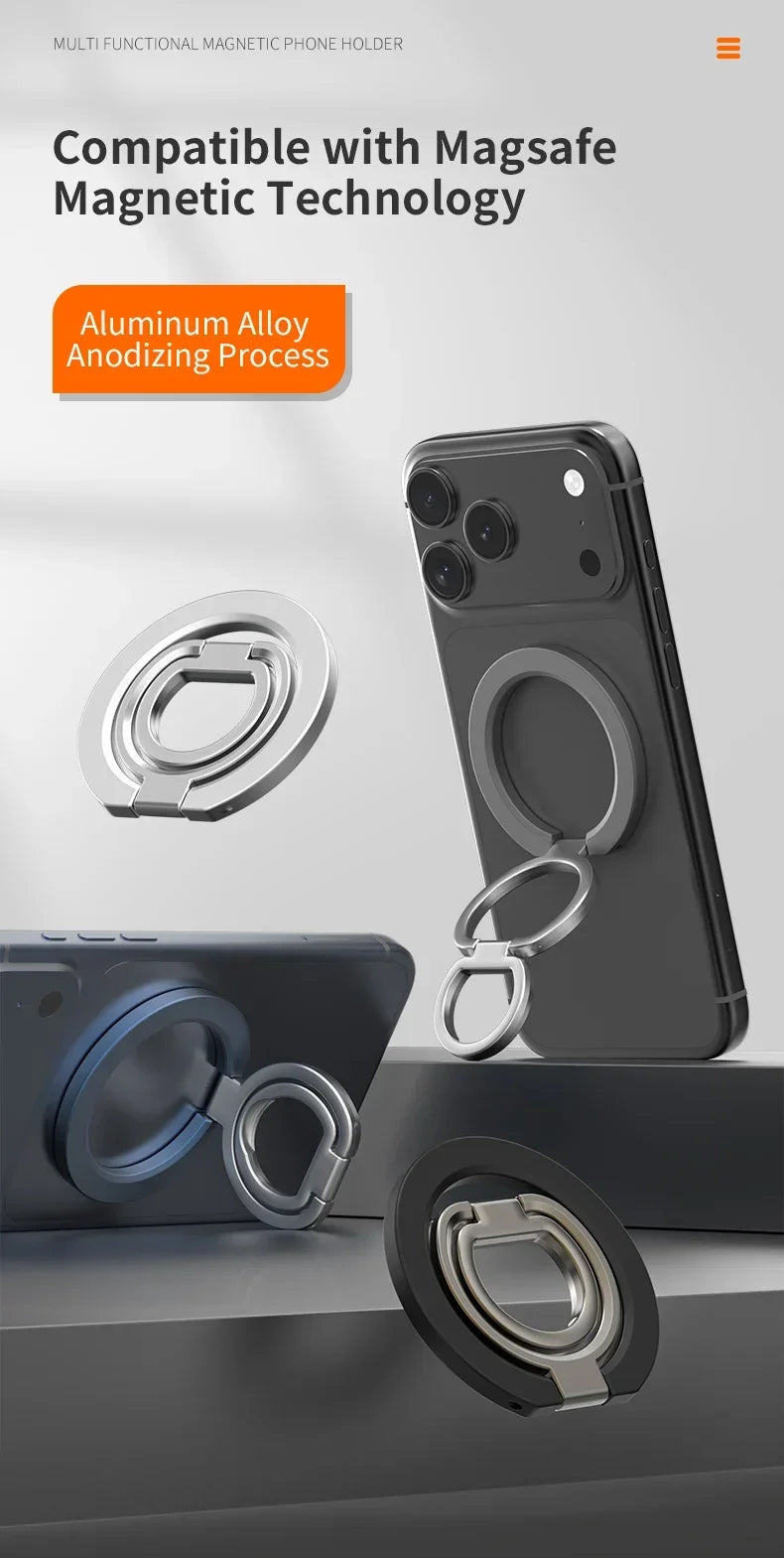 A black smartphone is shown alongside various aluminum alloy magnetic phone holders and a metal case component.