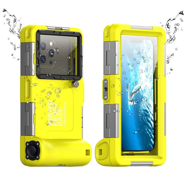 A yellow waterproof phone case is shown with its front cover open, demonstrating its protection for underwater photography.