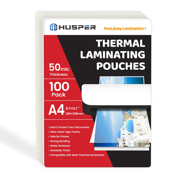 A box of 100 packs of A4 thermal laminating pouches, 50 mic thickness, for easy lamination.