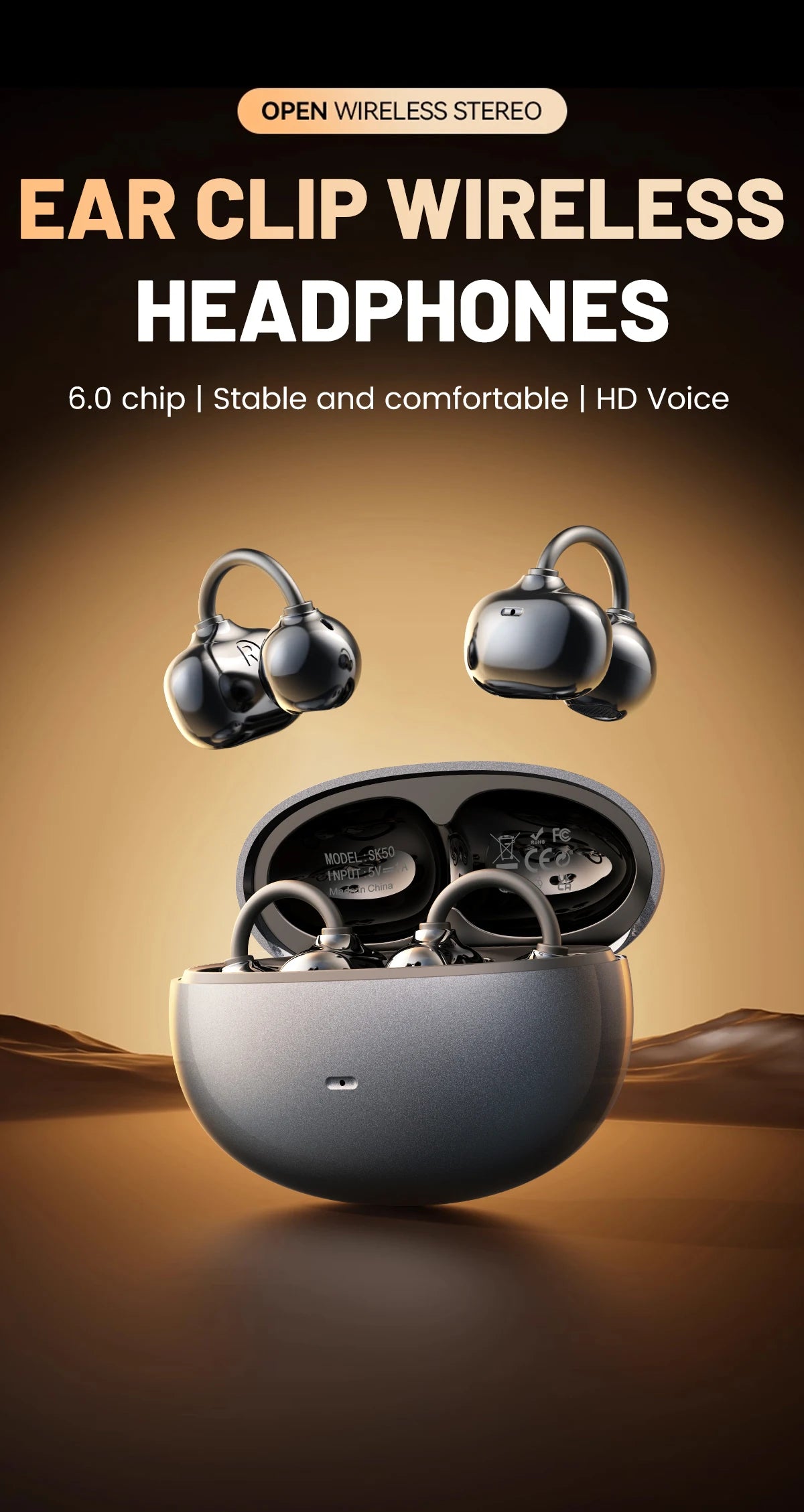 A pair of black wireless headphones and a charging case are displayed against a brown background.