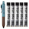 Un juego de bolígrafos de gel negros con cuerpos plateados y mangos de madera, empaquetados en tubos individuales.