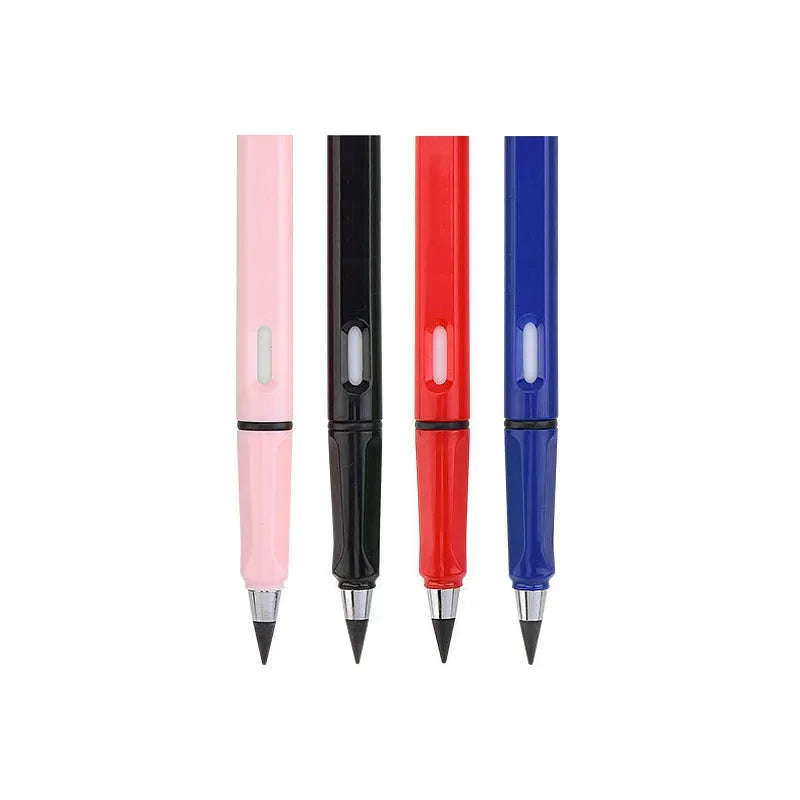 Un set de quatre stylos à encre illimitée de couleurs rose, noir, rouge et bleu.