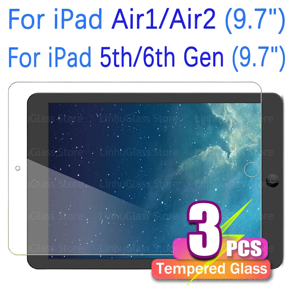 Three pieces of tempered glass screen protectors for iPad Air 1/Air 2 and iPad 5th/6th Gen tablets.