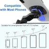 A black universal motorcycle phone mount is shown with various smartphone sizes to illustrate compatibility.