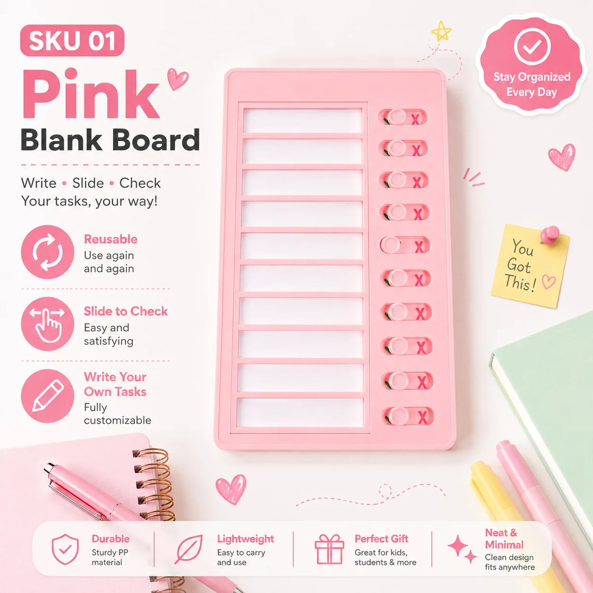 A pink blank board with sliding slots for writing tasks and tracking habits.