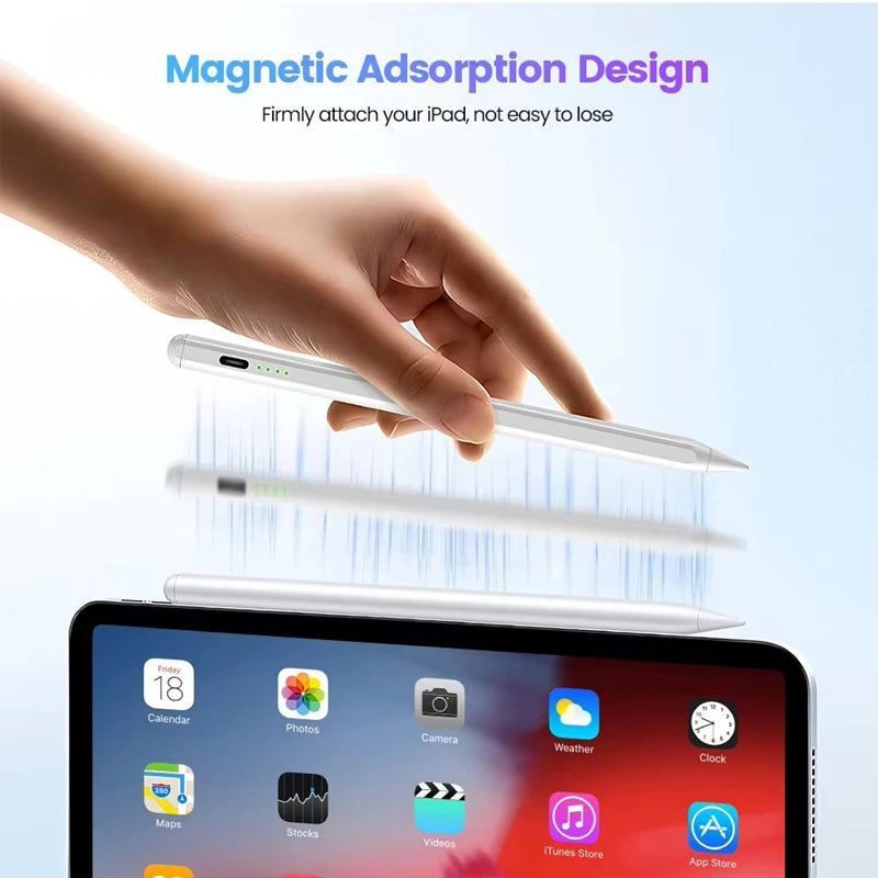 Una mano está sujetando firmemente un bolígrafo stylus capacitivo plateado a un iPad, demostrando el diseño de adsorción magn